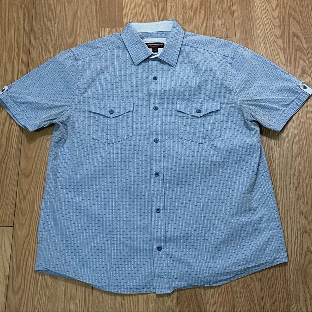 Johnston & Murphy Mens Large Short Sleeve Button Down Shirt Blue Pockets Casual